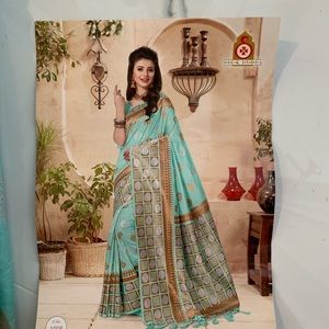 Turquoise (Blue/Green) Saree with Gold Details